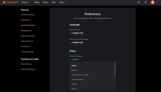 An image of the Crunchyroll's preferences page.