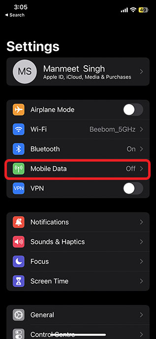 settings mobile data