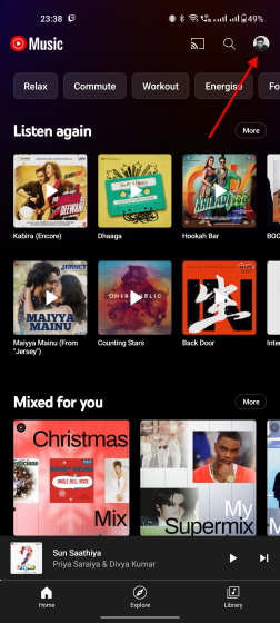 tap on profile picture in Youtube music app