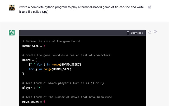 Use chatgpt para escribir código de tic tac toe en python