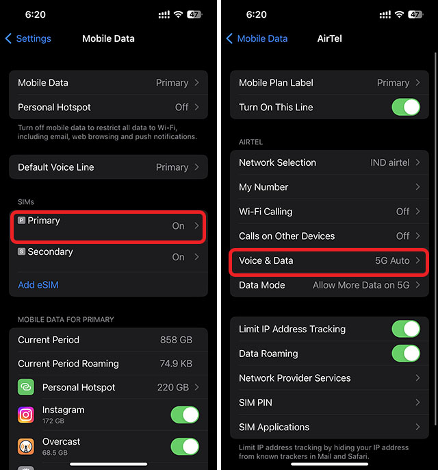 voice and data settings in dual SIM iPhone