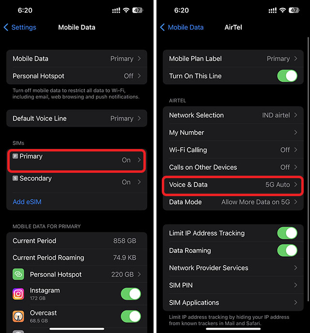 cài đặt thoại và dữ liệu trong iPhone hai SIM