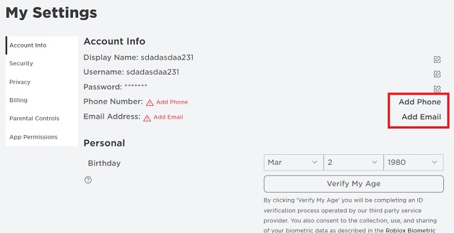 Add Phone and Email to Roblox Account