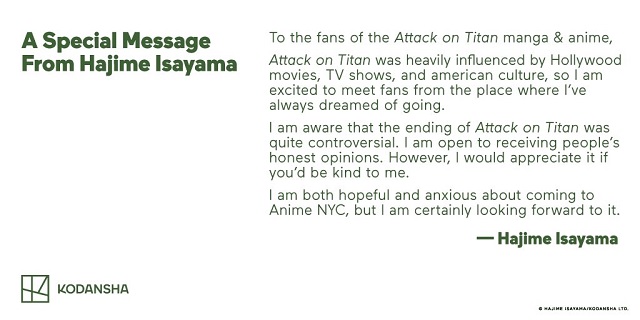 Anime NYC Hajime Isayama message