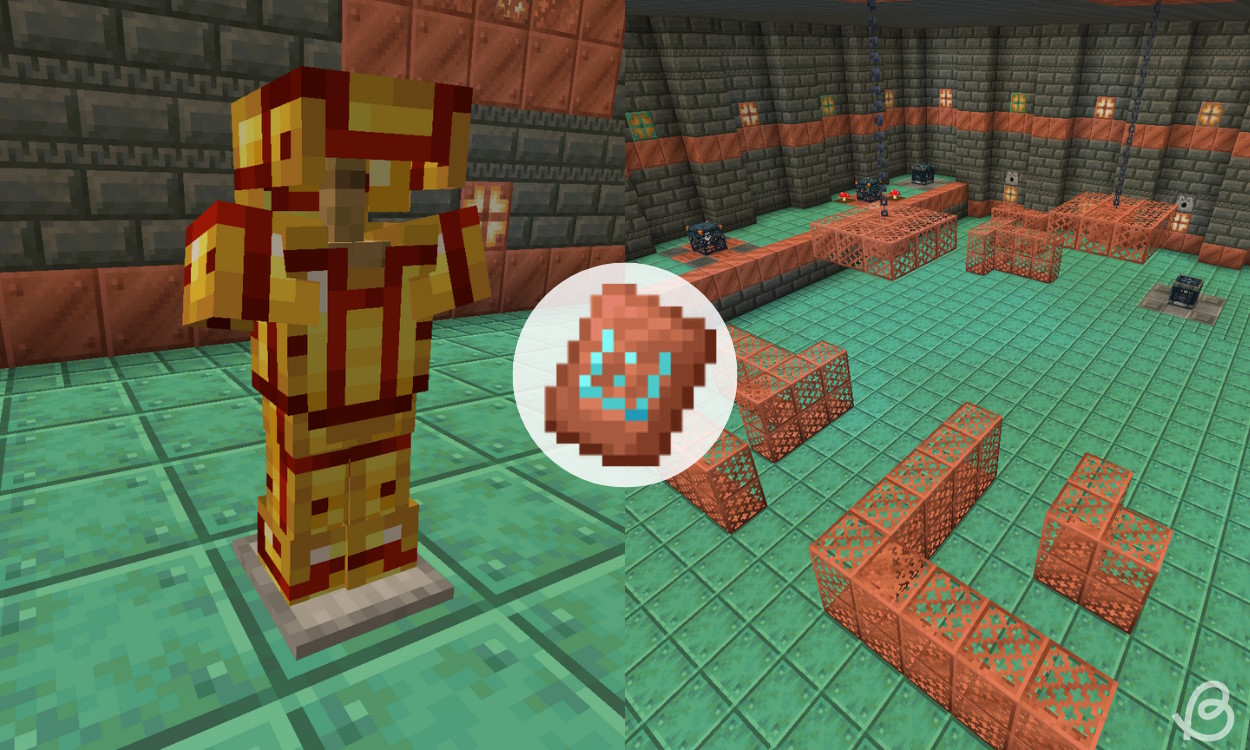 Bolt armor trim on gold armor and a trial chamber room in Minecraft