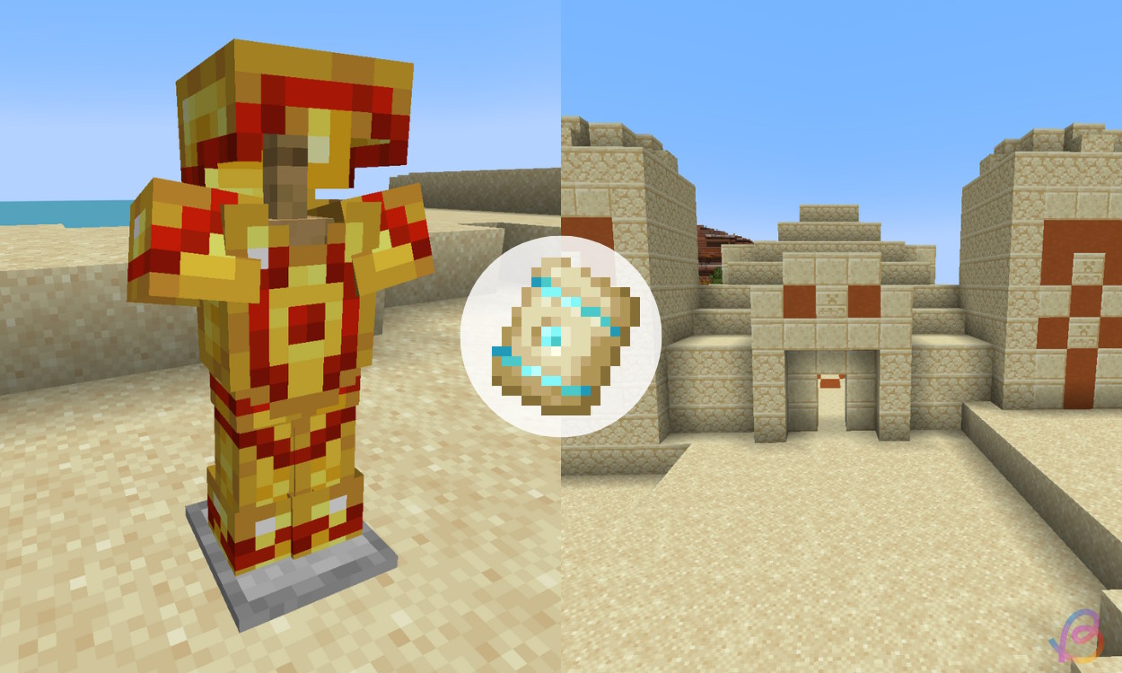 Dune armor trim on an armor stand and the desert pyramid in Minecraft