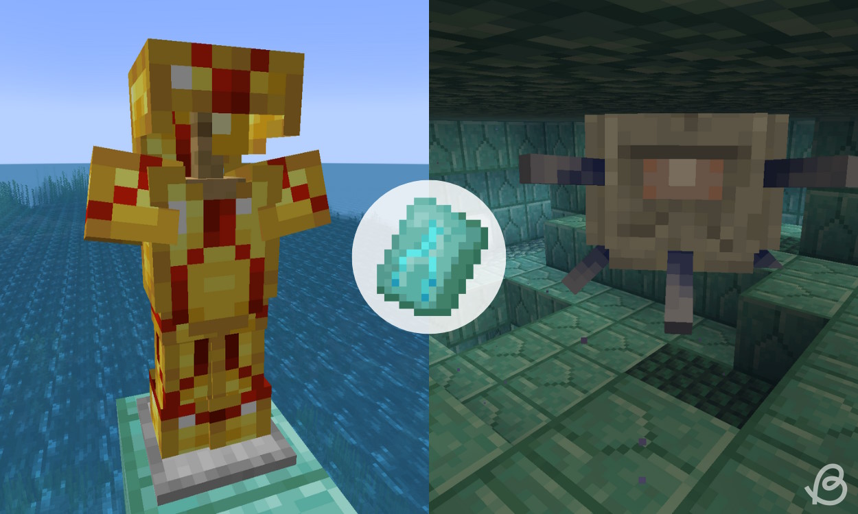 Tide armor trim on gold armor and an ocean monument in Minecraft