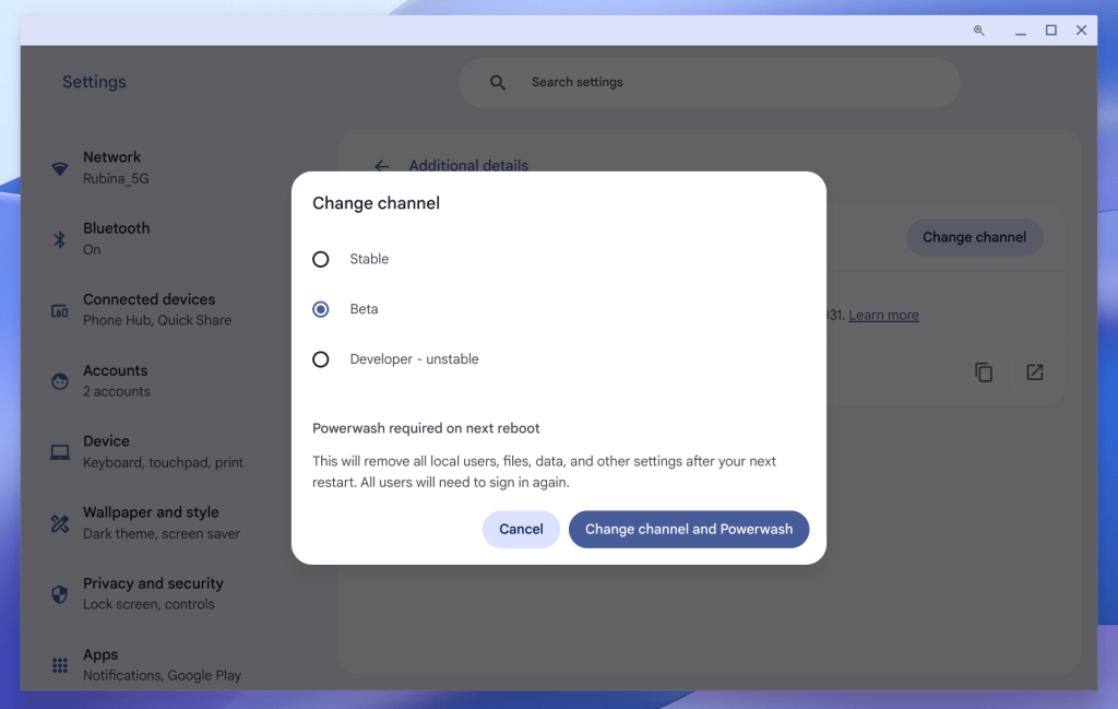 ChromeOS change channel pop up options with change channel and powerwash option