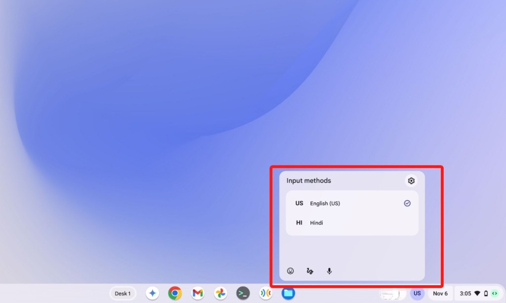 input methods in chromeos taskbar