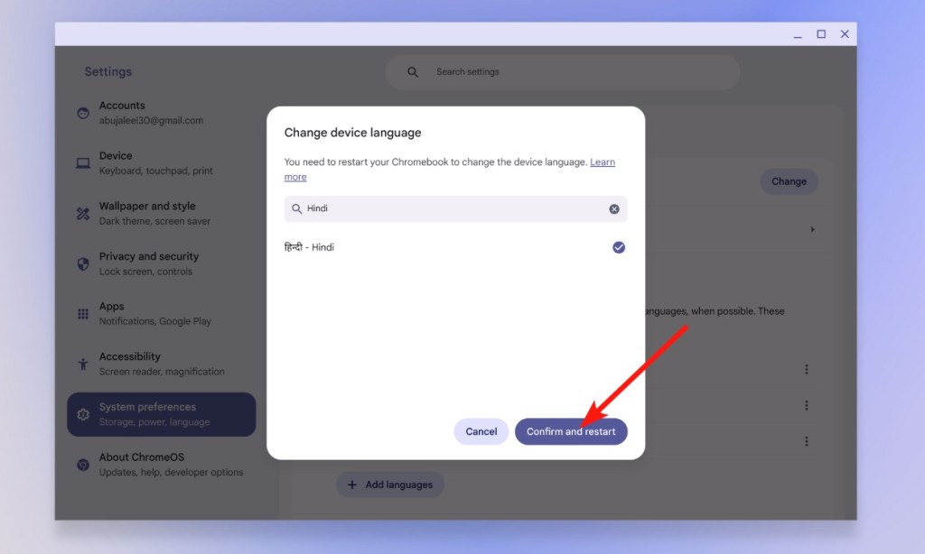 Confirm and restart to apply language change in chromebook