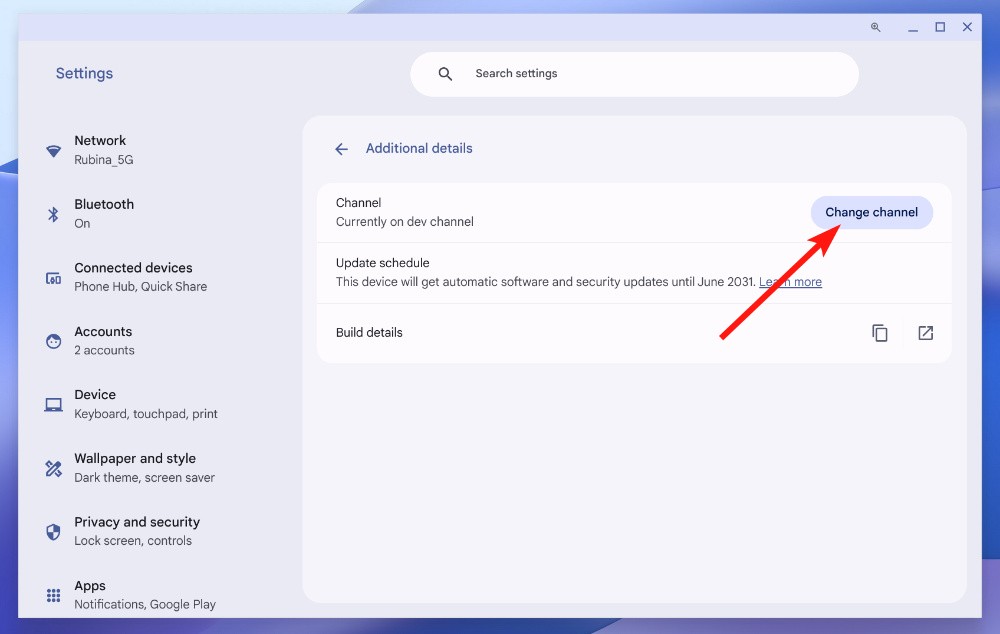 ChromeOS change channel settings page