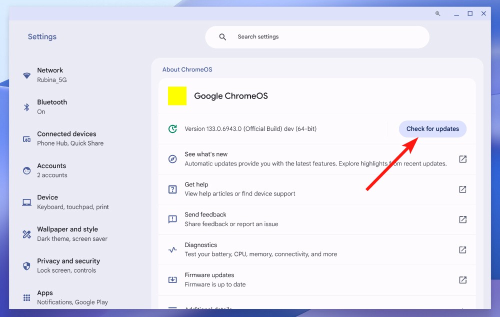 Screenshot of ChromeOS settings page with check for updates button