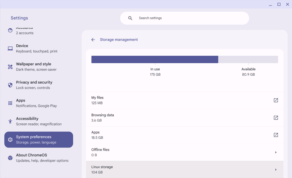 ChromeOS storage management