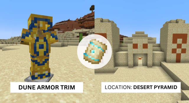 Dune armor trim on an armor stand and the desert pyramid