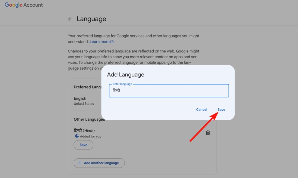 choose your preferred language in google account