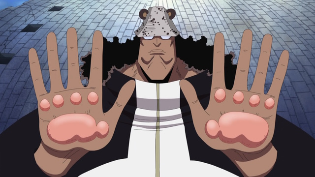 An image of Bartholomew Kuma using his Nikyu Nikyu no Mi powers in One Piece.