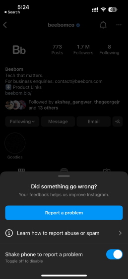 Báo cáo sự cố instagram dm không hoạt động 