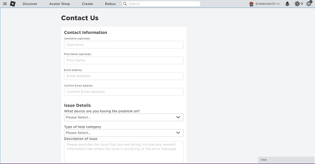 Roblox Contact Us Page