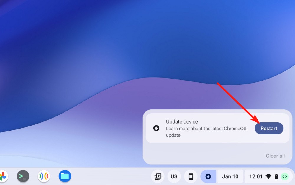 Restart button notification ChromeOS