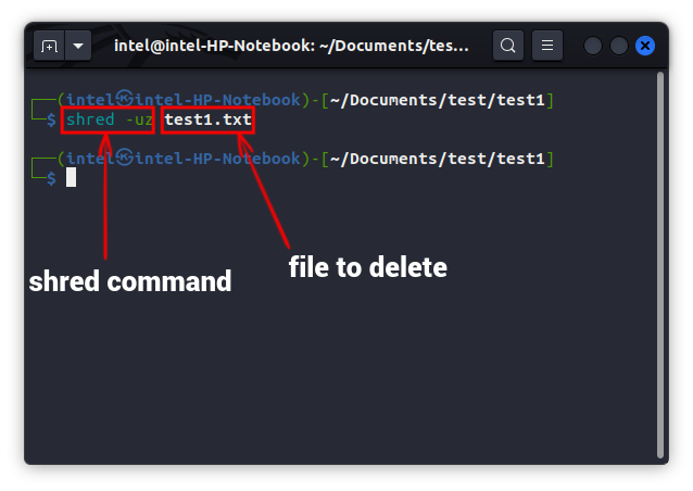 exclua o arquivo usando o comando shred
