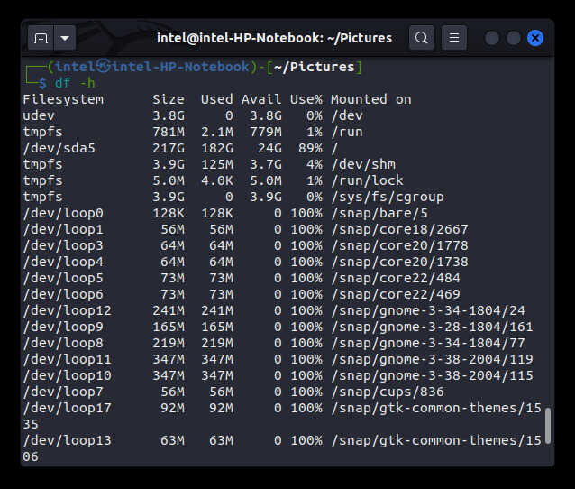 available disk space using df comamnd