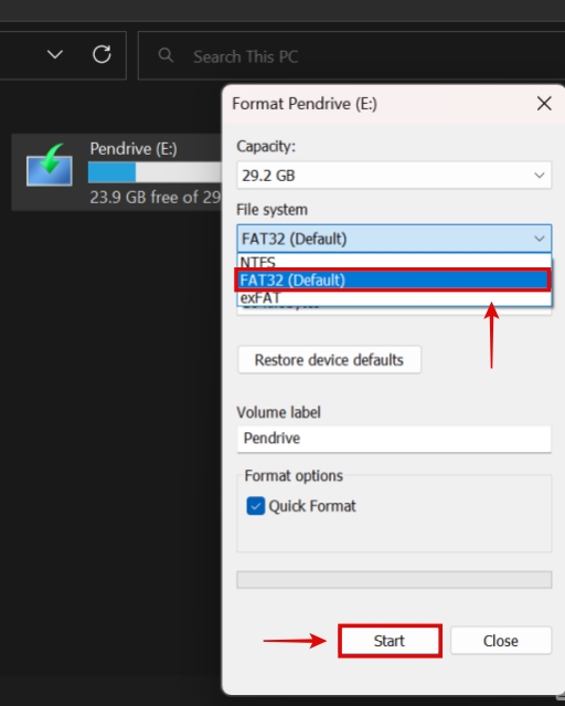 how to format pendrive in fat32