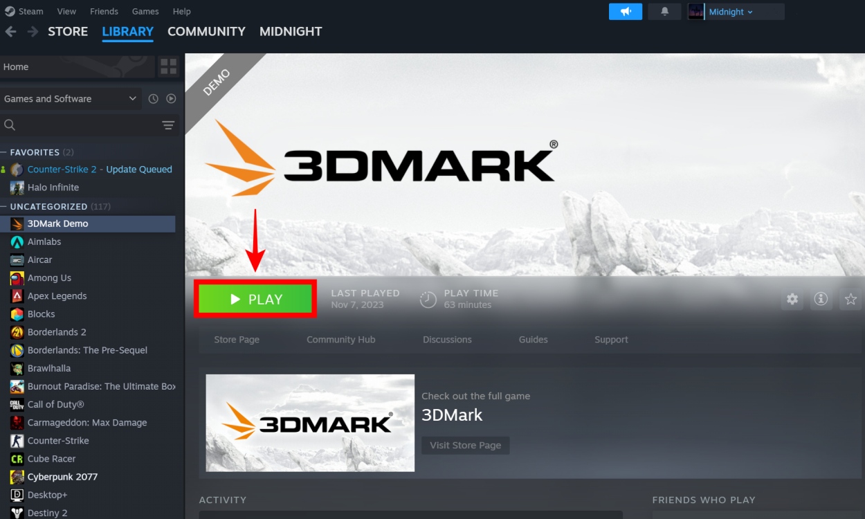 how to launch 3DMark app benchmarking software on Steam 