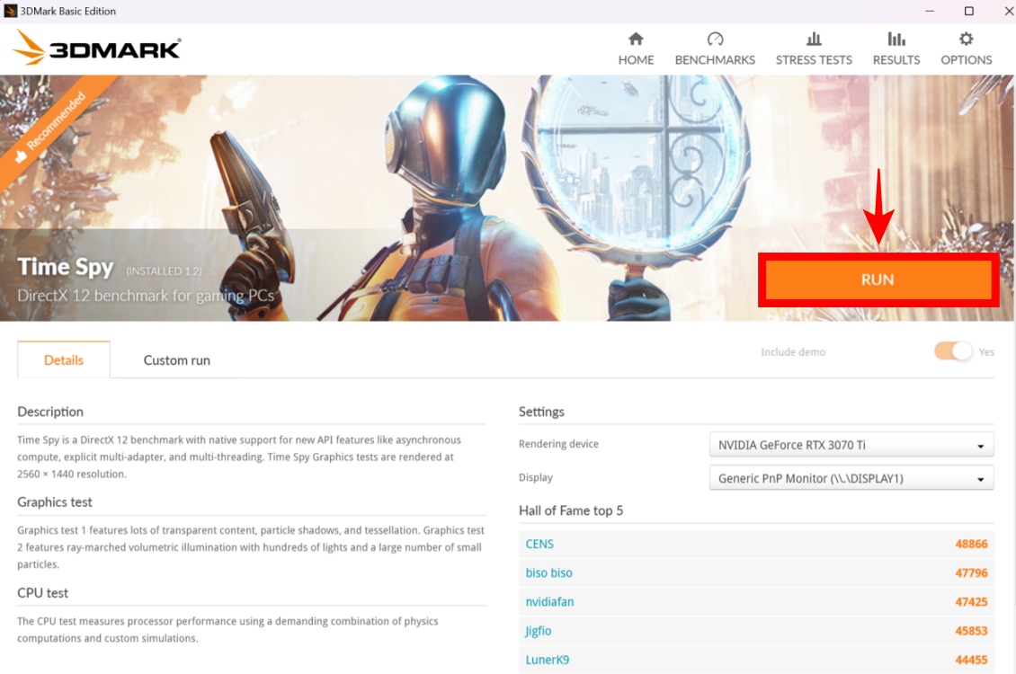how to run the 3dmark synthetic gaming benchmark through the app