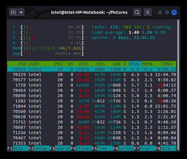 showing running processes using htop command