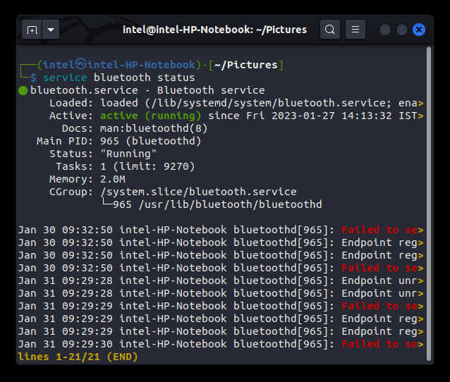 showing the status of bluetooth service using the service command