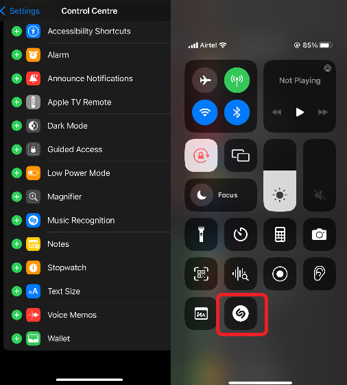 shazam icon in iPhone control center