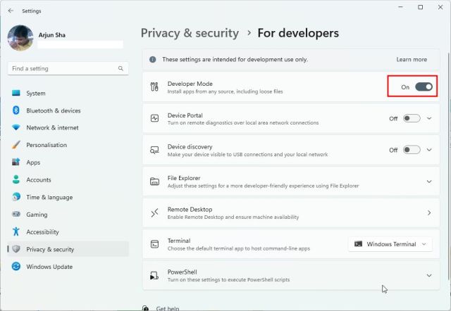 Enable Developer Settings on Windows 11