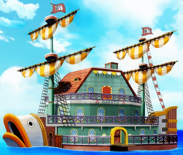 An image of the Baratie pirate ship in One Piece.