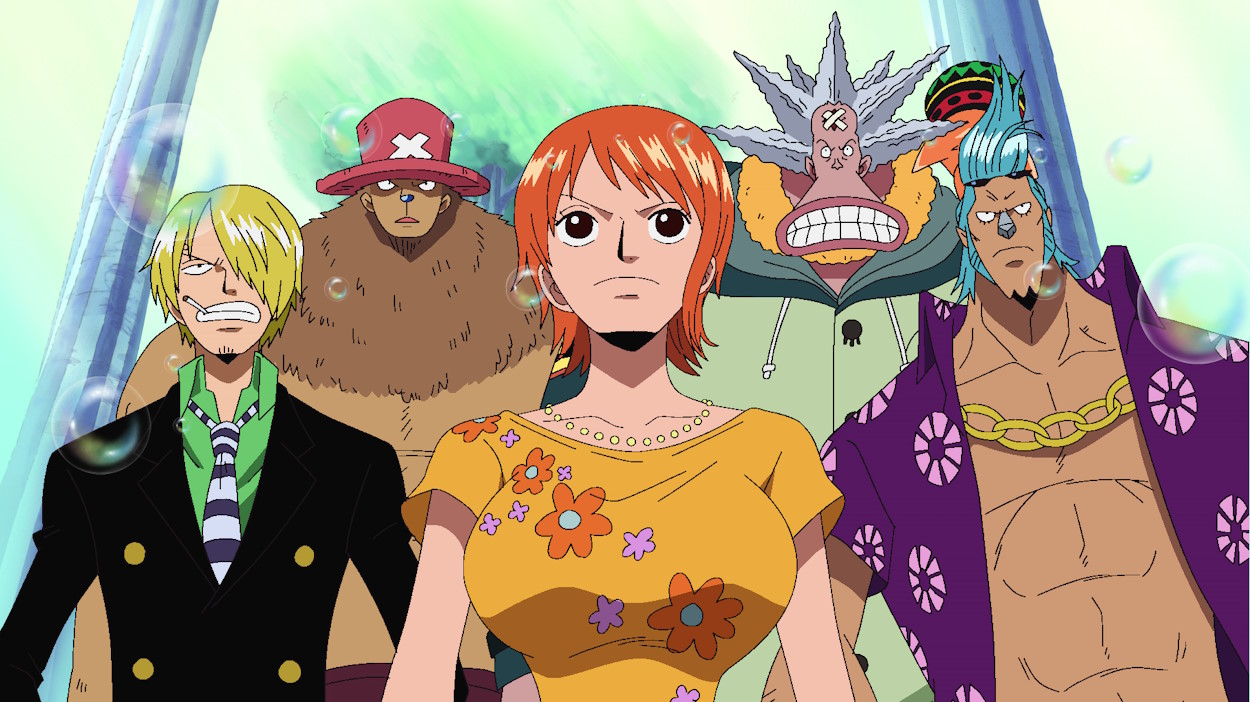 Nami, Sanji, Chopper, Franky and Hacchan in One Piece anime.