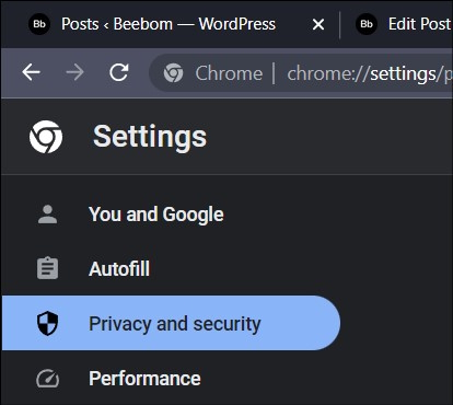 Fahren Sie fort, um Ihre Browser-Cookies und den Cache zu löschen.  Dieses Bild zeigt die Datenschutz- und Sicherheitsoption aus dem Einstellungsmenü.