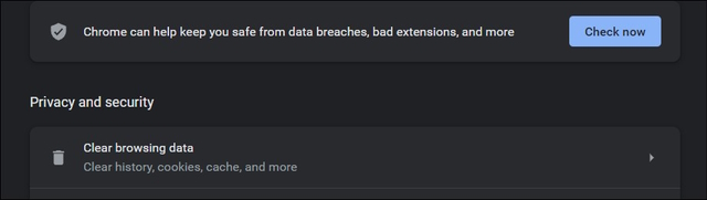 Proceed to Clear Your Browser Cookies and Cache. This image depicts the clear browsing data option from the privacy and settings menu