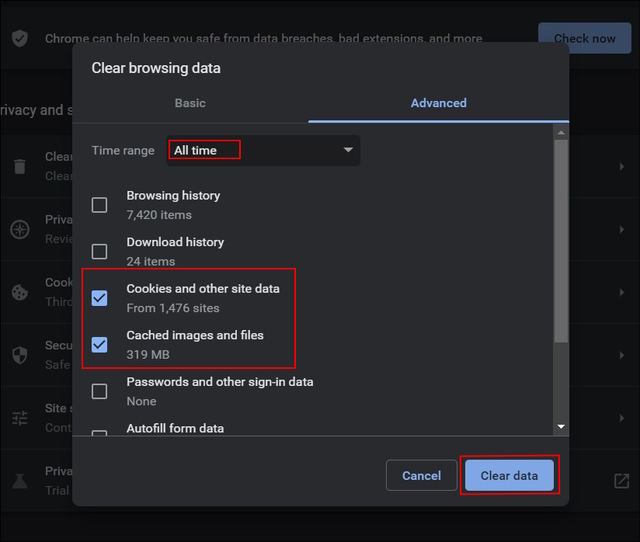 Proceed to Clear Your Browser Cookies and Cache. This image depicts the cleaning preference for cookies and cached data from your browser and the duration as well.