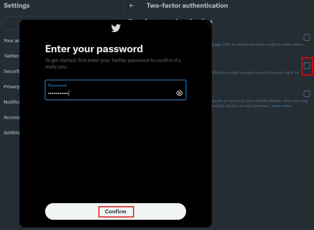 Twitter の 2FA のセットアップ方法 この画像は、Twitter のパスワード ページを示しています。