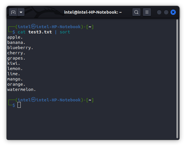 sorting file contents on alphabetical order using the cat command and the sort command