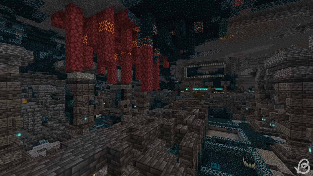 Ruined nether portal generated overlapping an ancient city in this Minecraft survival seed