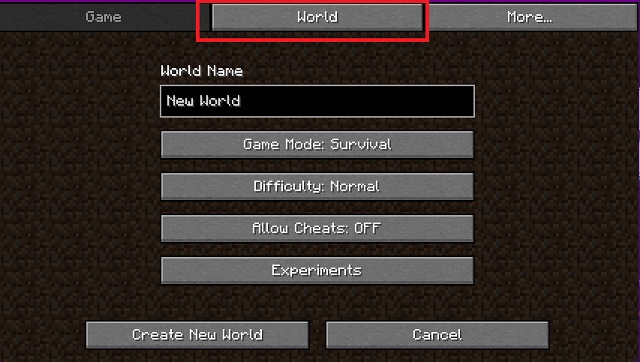 World settings in create new world