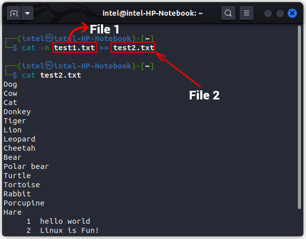 Merge two files using the cat command