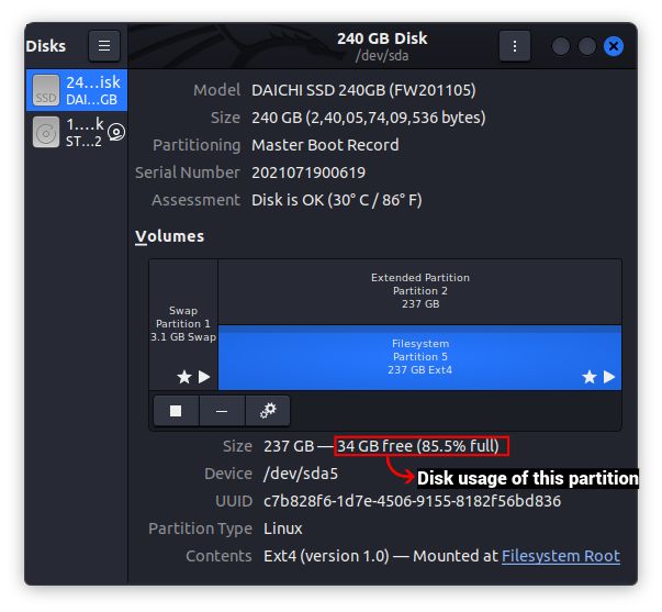 checking available disk space using Gnome Disks Tool