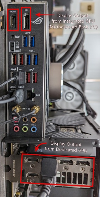 motherboard back i/o and gpu display output ports 