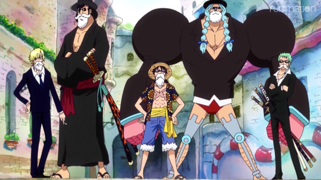 An image of the Straw Hats in Dressrosa arc.