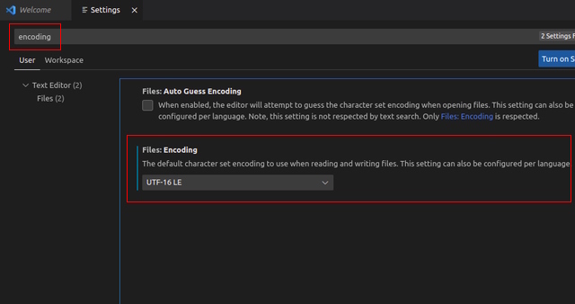 searching for encoding sub menu in settings