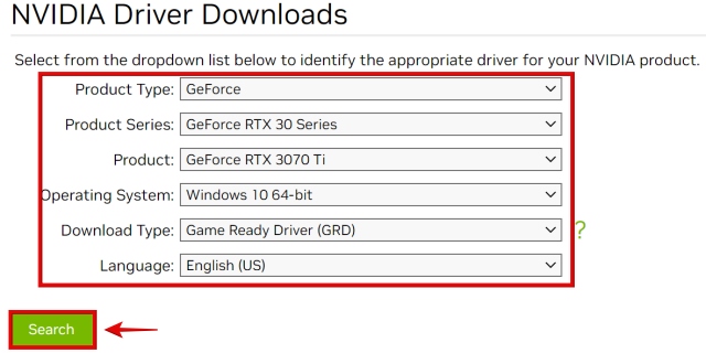 specifying gpu model in nvidia driver website