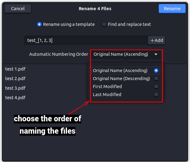 choose the naming order of files drop down