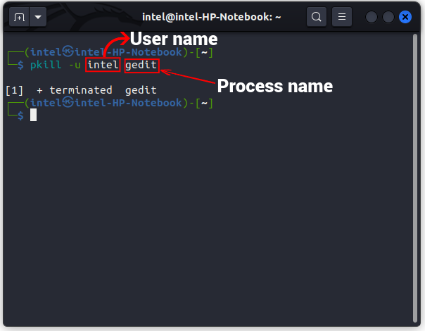 pkill コマンドを使用して gedit プロセスを強制終了します。