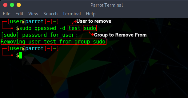 Removing user test from the group sudo